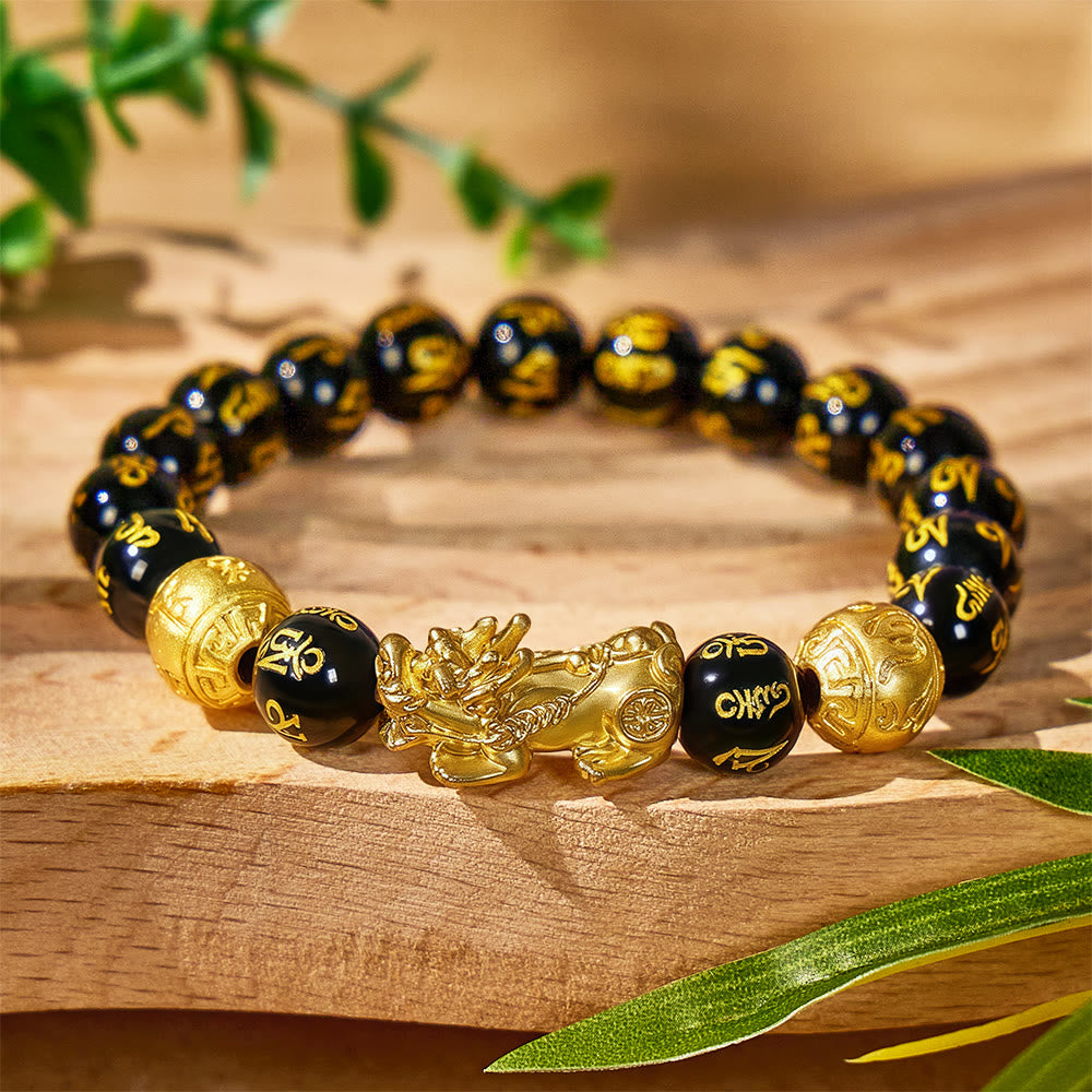 FuAttract Abundance & Protection – Black Onyx Om Mani Padme Hum Beads Pixiu Bracelet - 10mm - image 0