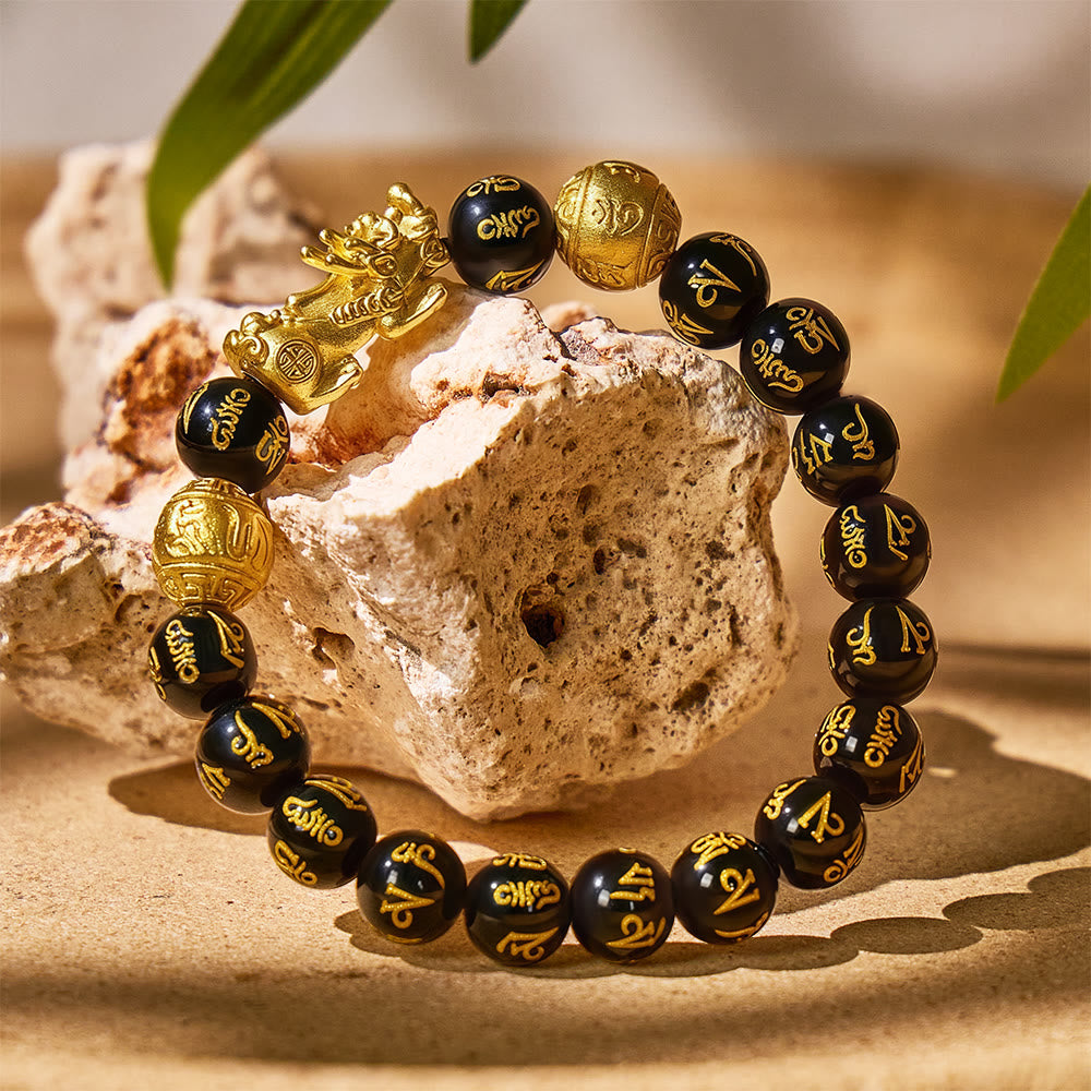 FuAttract Abundance & Protection – Black Onyx Om Mani Padme Hum Beads Pixiu Bracelet - image 1
