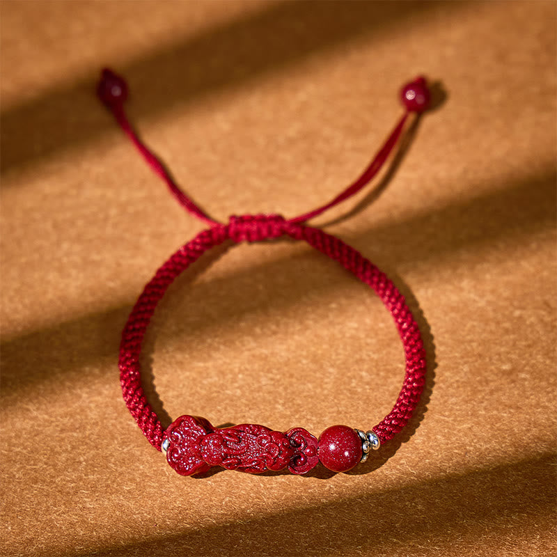 Fuattract Protective Power – Handcrafted Cinnabar Pixiu Braided Bracelet - Adjustable Rope - Wine red - image 0