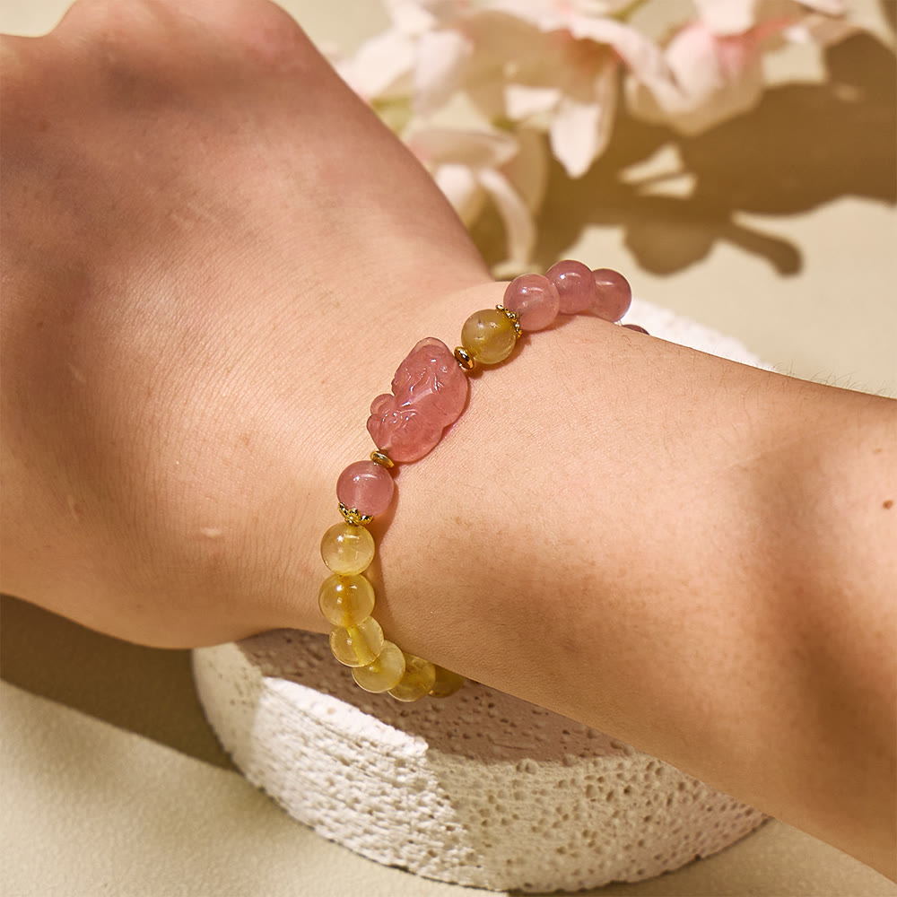 FuAttract Heart & Fortune - Rutilated Quartz  & Strawberry Quartz Pixiu Wealth Bracelet - image 5