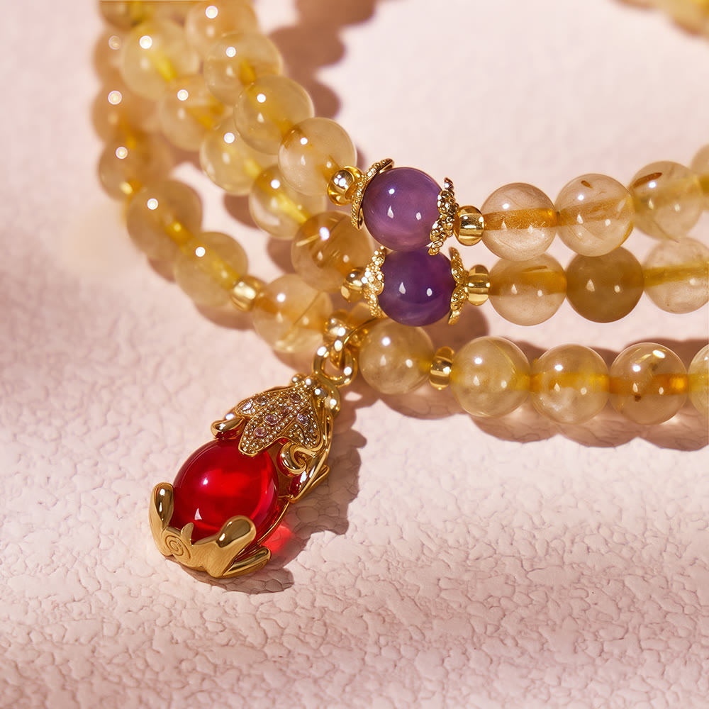 FuAttract Sunfire Trinity – Triple Strand Golden Rutilated Quartz, Amethyst & Garnet Pixiu Bracelet - image 5