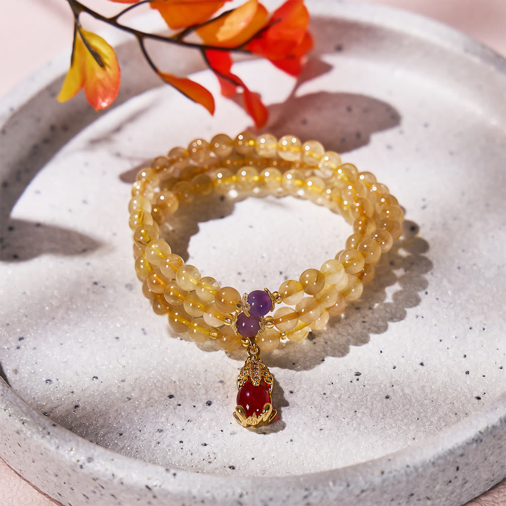 FuAttract Sunfire Trinity – Triple Strand Golden Rutilated Quartz, Amethyst & Garnet Pixiu Bracelet - image 1