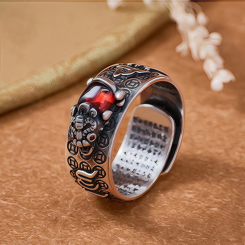 FuAttract Focused Power - Sacred Script Adjustable Silver Garnet Pixiu Ring - Silver - image 0