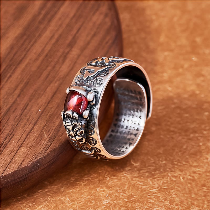 FuAttract Focused Power - Sacred Script Adjustable Silver Garnet Pixiu Ring - image 3