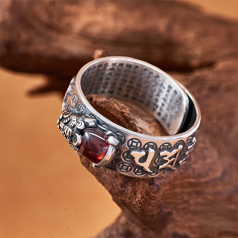 FuAttract Focused Power - Sacred Script Adjustable Silver Garnet Pixiu Ring - image 1