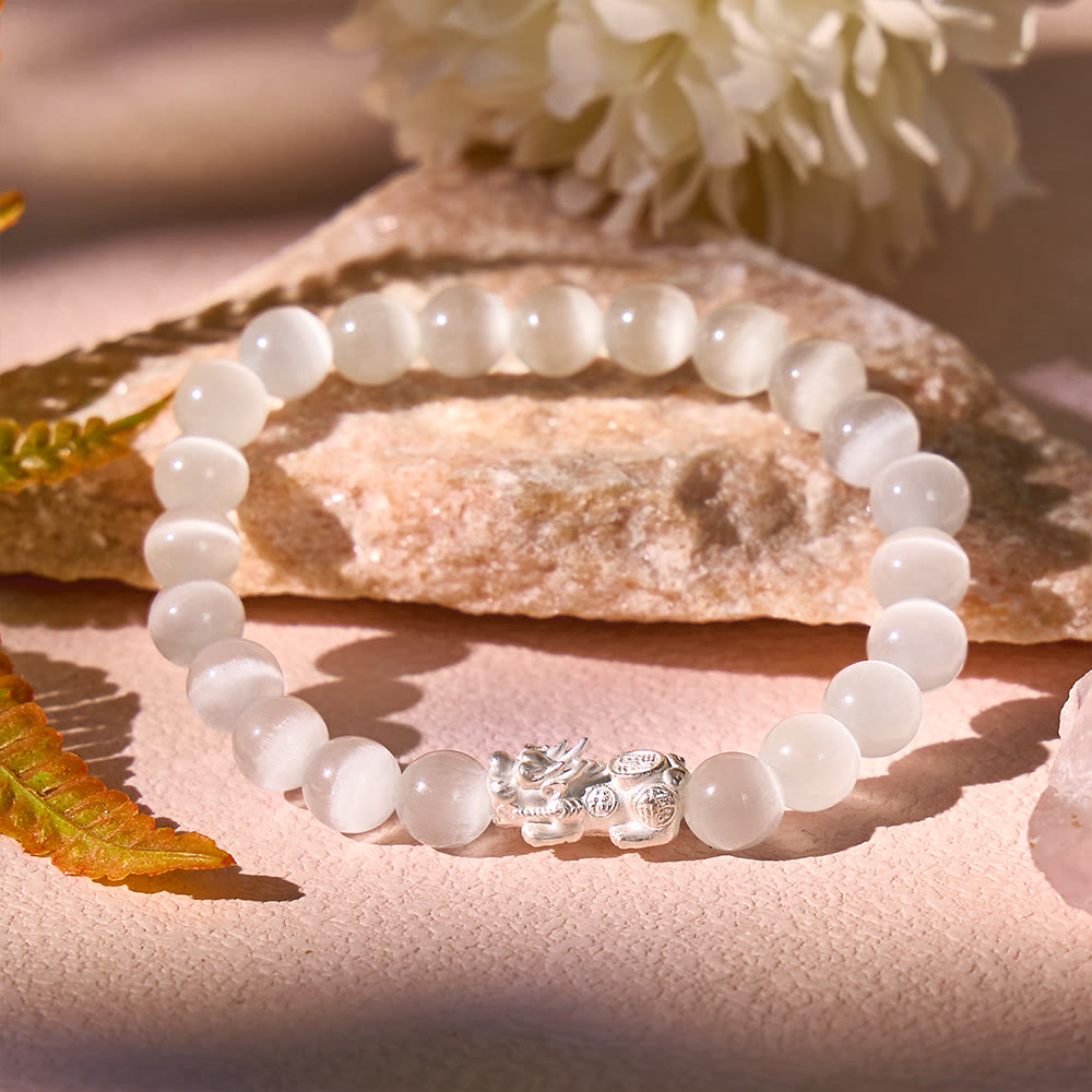 FuAttract Luck, Protection & Elegant Energy - Cat's Eye Silver Pixiu Bracelet - White - image 0