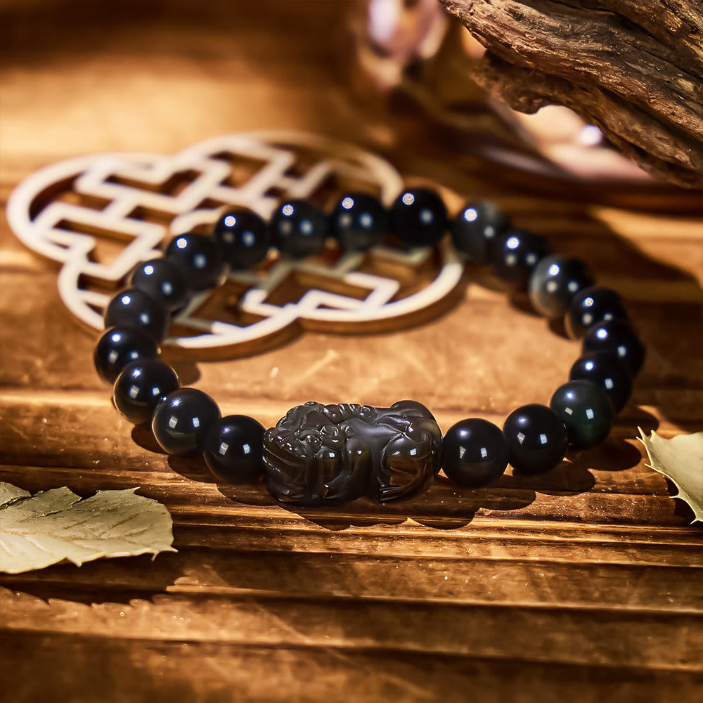 Abundance & Energy Shield Bracelet – Pixiu + Rainbow Eye Obsidian - 8mm - image 0