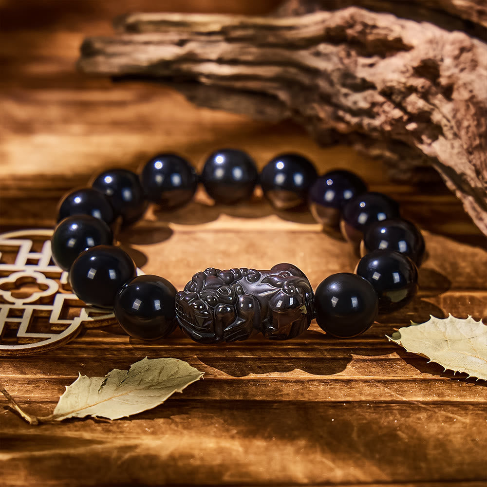 Abundance & Energy Shield Bracelet – Pixiu + Rainbow Eye Obsidian - 16mm - image 15