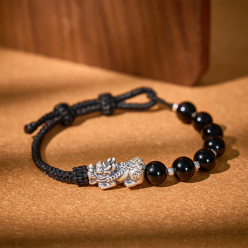 FuAttract Strength & Protection – Obsidian with 999 Sterling Silver Pixiu Woven Bracelet - 999 Sterling Silver Pixiu&Black Obsidian - image 0