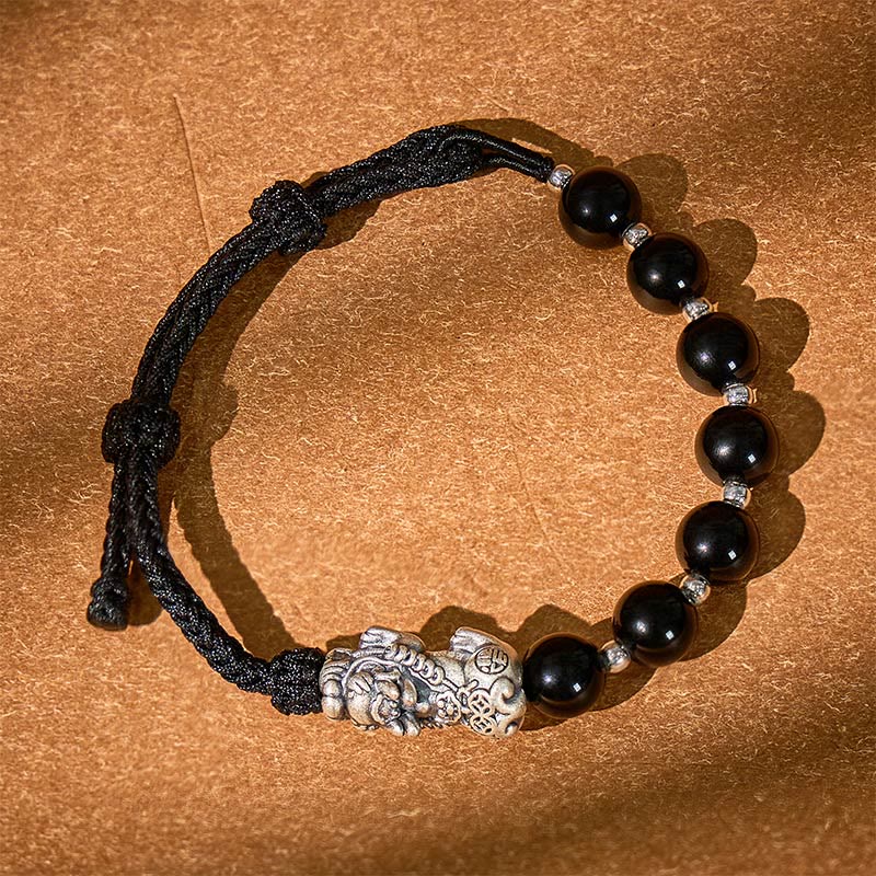 FuAttract Strength & Protection – Obsidian with 999 Sterling Silver Pixiu Woven Bracelet - image 2
