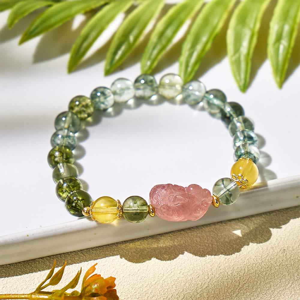 FuAttract Harmonizing Abundance and Love with Green Phantom, Strawberry Quartz & Citrine Pixiu Bracelet - 8mm - image 0