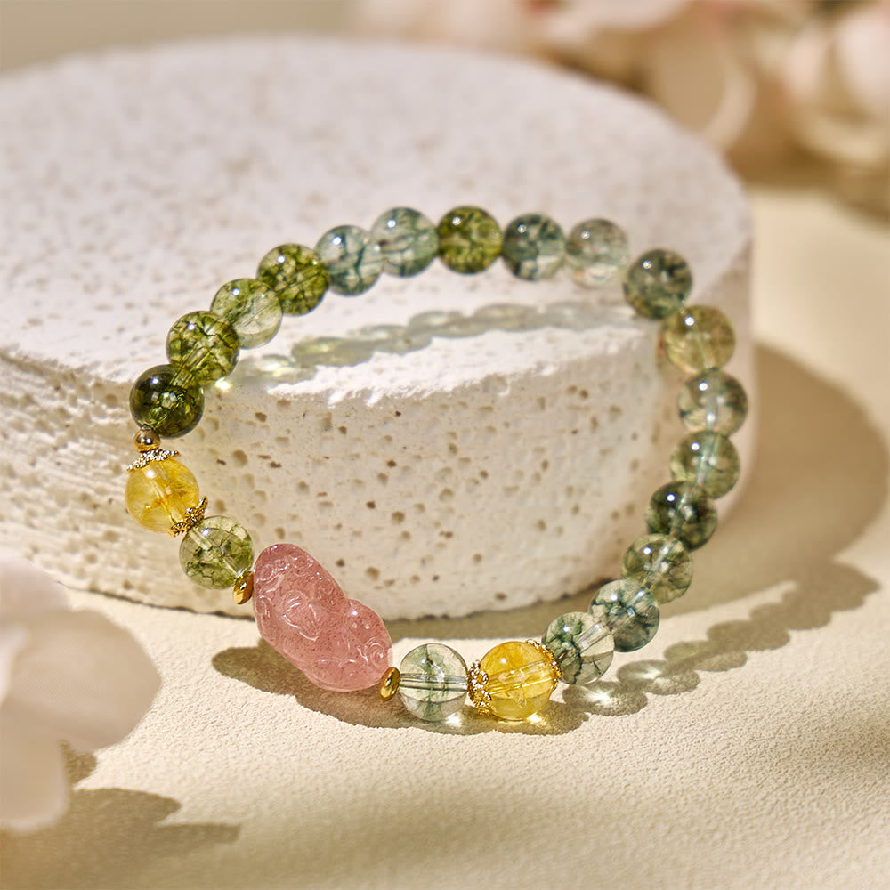 FuAttract Harmonizing Abundance and Love with Green Phantom, Strawberry Quartz & Citrine Pixiu Bracelet - image 2