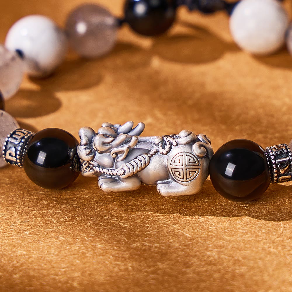 FuAttract Fortune Loop - Handwoven Silver Pixiu Obsidian Rutilated Quartz Bracelet - image 4