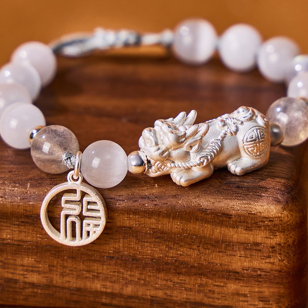 FuAttract Destiny Cord - Handwoven Silver Pixiu Moonstone Cat's Eye Bracelet - image 3