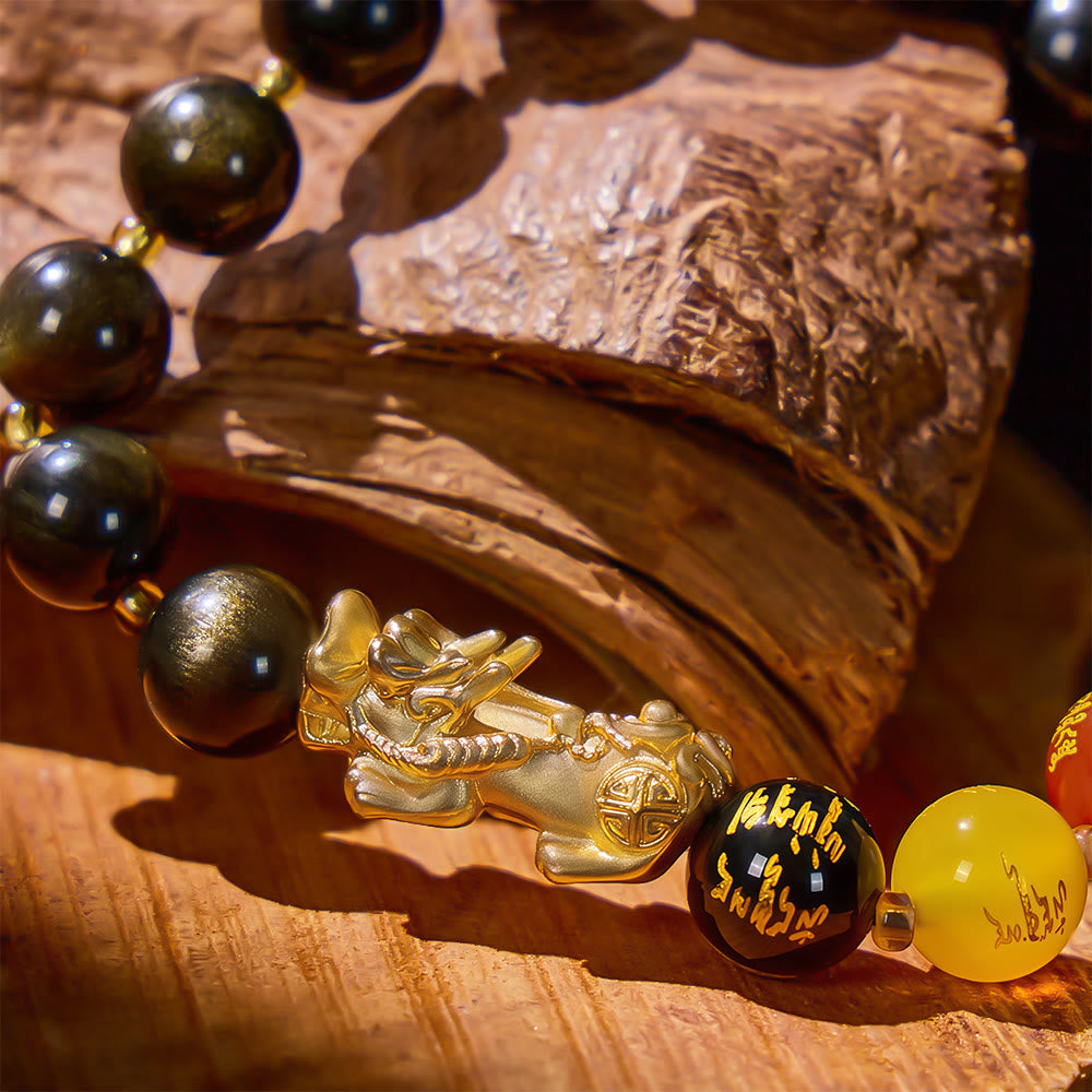 FuAttract Golden Radiance – Golden Obsidian & Rainbow Obsidian Bracelet with Pixiu Charm - image 3