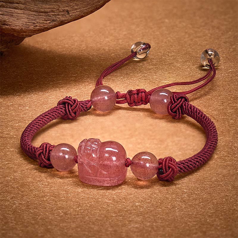 FuAttract Pink Craftsman - Adjustable Handwoven Strawberry Quartz Pixiu String Bracelet - image 2