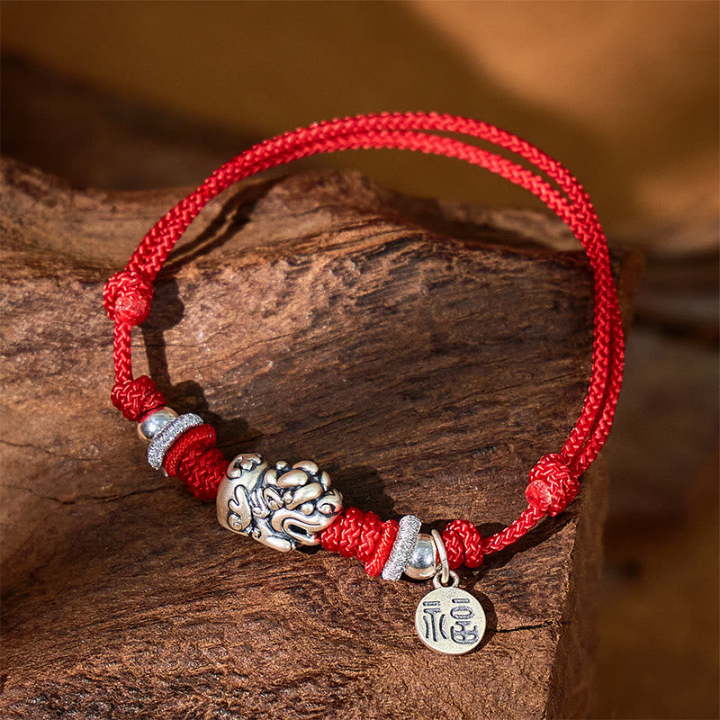 FuAttract Prosperity Braid - Hand-Knotted Fu Charm Silver Pixiu String Bracelet - Red - image 0