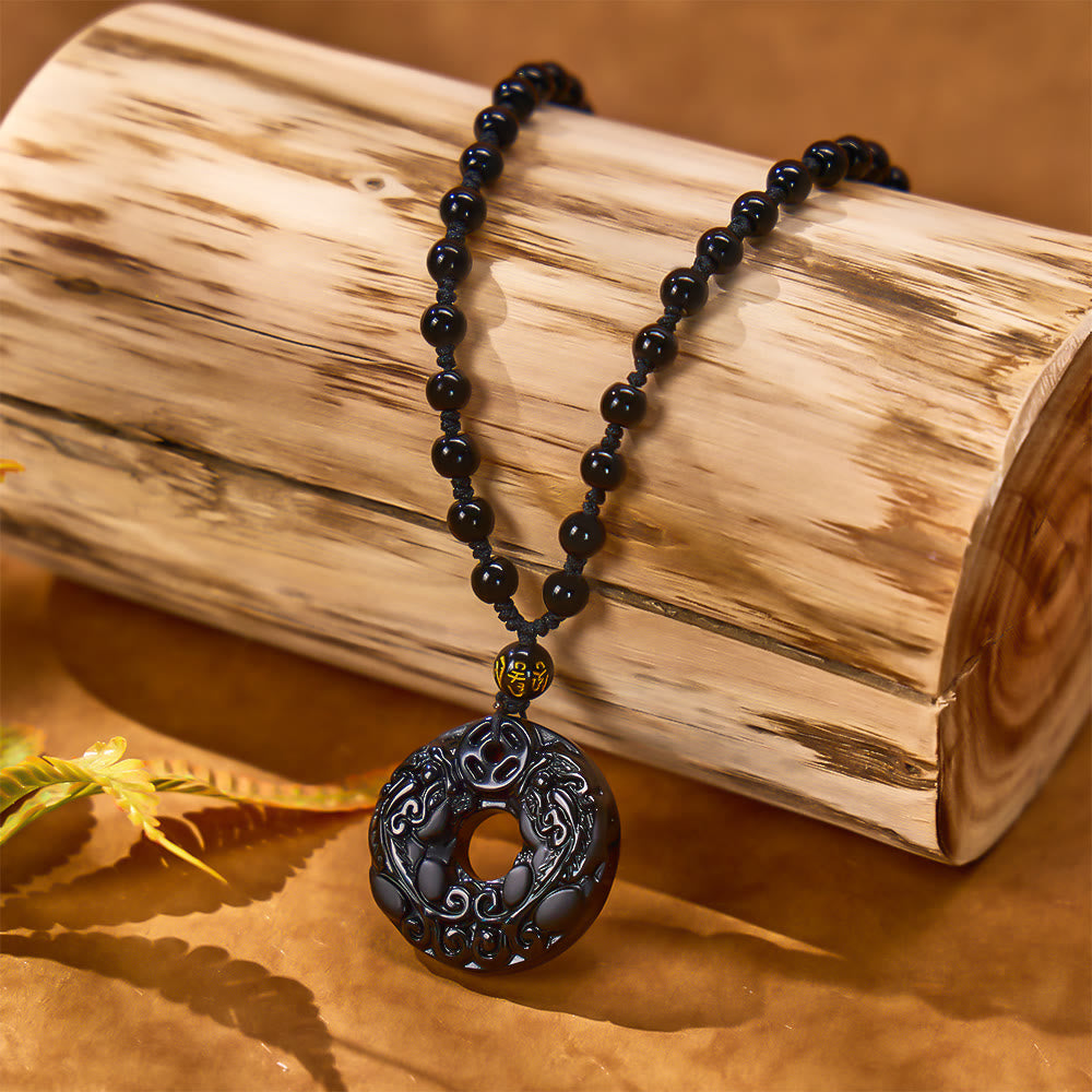 FuAttract Wealth & Protection - Obsidian Double Pixiu Om Mani Padme Hum Bead Necklace - image 2