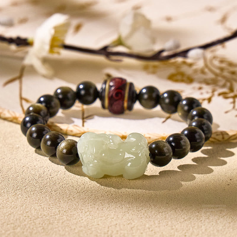 FuAttract Tranquil Wisdom - Handcrafted Jade Pixiu Golden Obsidian Bracelet - Hetian Jade - image 0