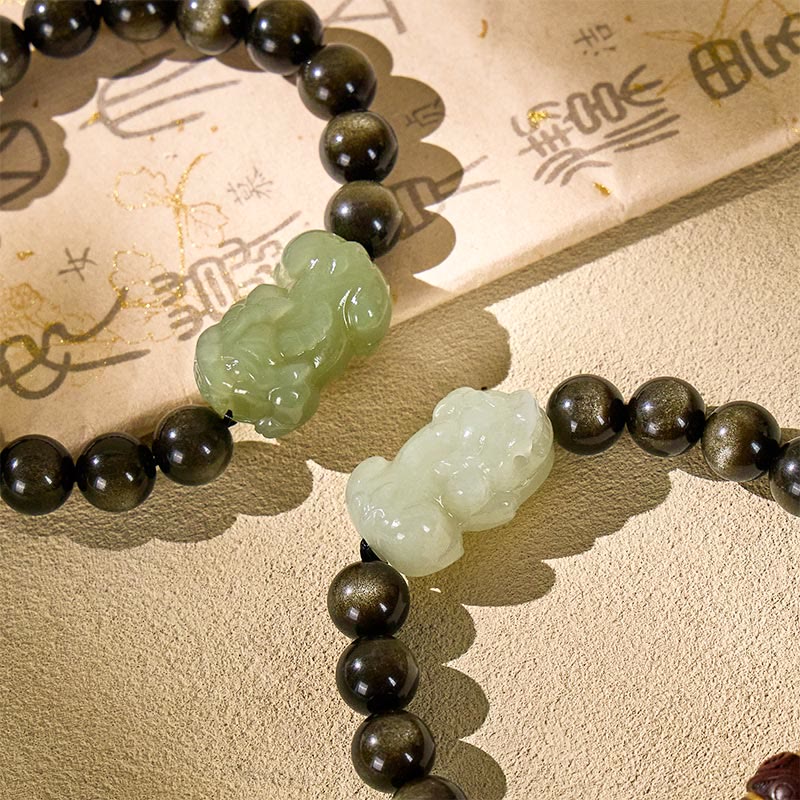 FuAttract Tranquil Wisdom - Handcrafted Jade Pixiu Golden Obsidian Bracelet - image 3