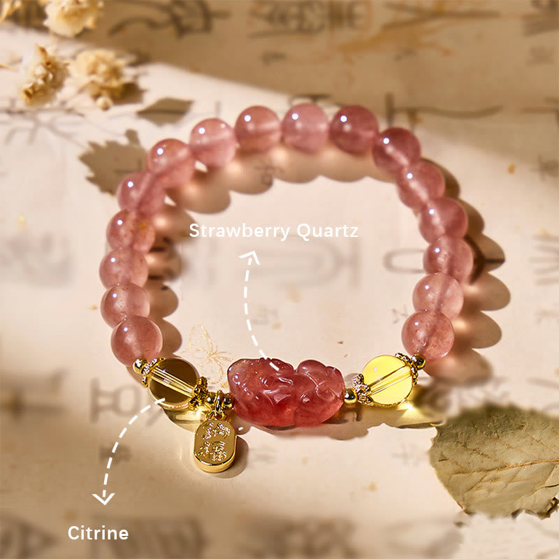 FuAttract Love & Abundance Energy - Strawberry Quartz Citrine FU Character Pixiu Bracelet - image 5