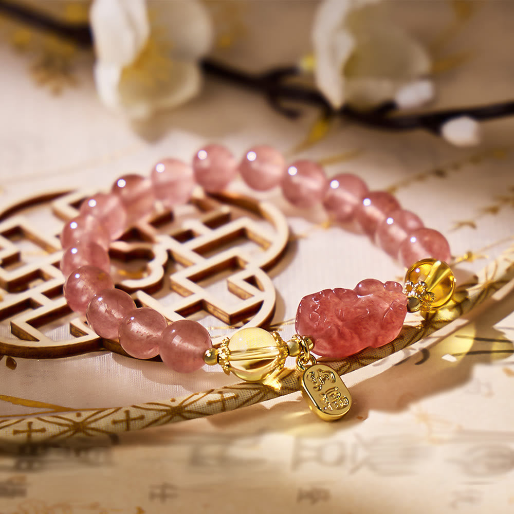 FuAttract Love & Abundance Energy - Strawberry Quartz Citrine FU Character Pixiu Bracelet - image 1