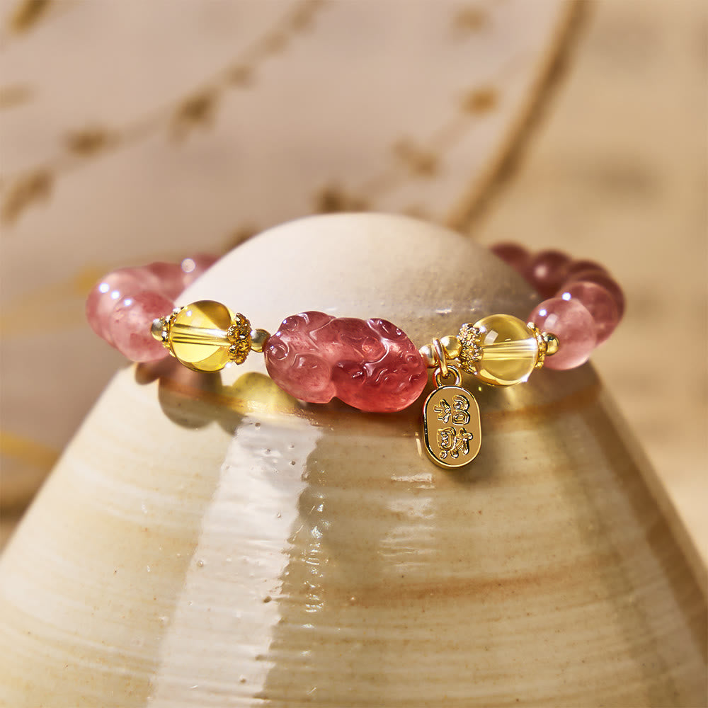 FuAttract Love & Abundance Energy - Strawberry Quartz Citrine FU Character Pixiu Bracelet - image 3