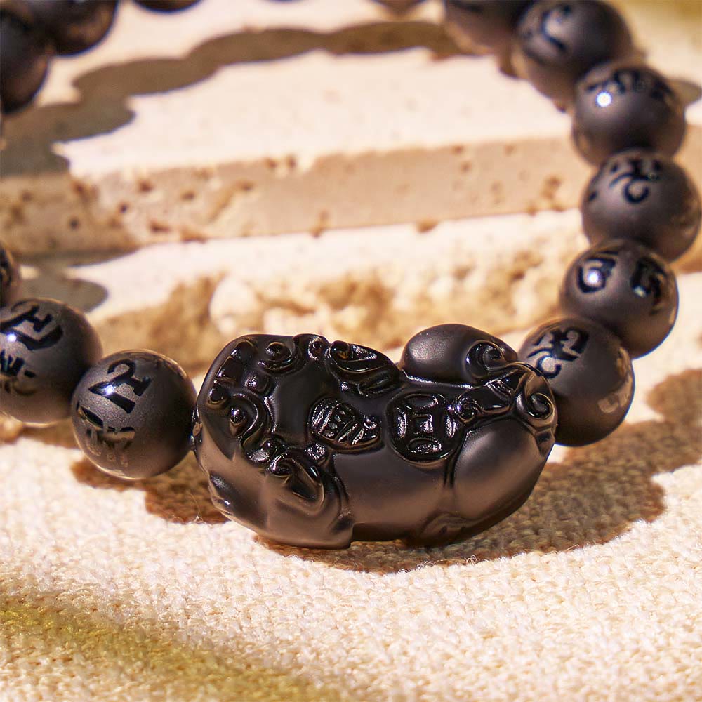 FuAttract Silent Shield – 6 Words Pixiu Wealth Mantra Matte Black Agate Bracelet - image 3