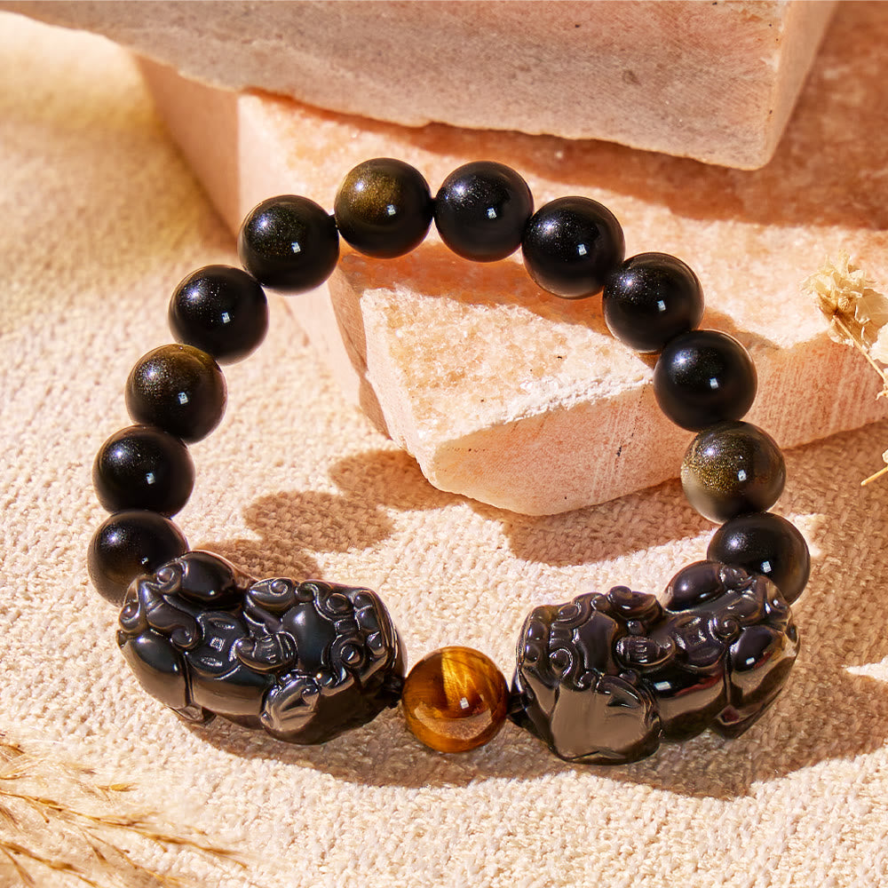 FuAttract Wealth Warden – Natural Golden Sheen Obsidian & Tiger Eye Double Pixiu Bracelet - image 1