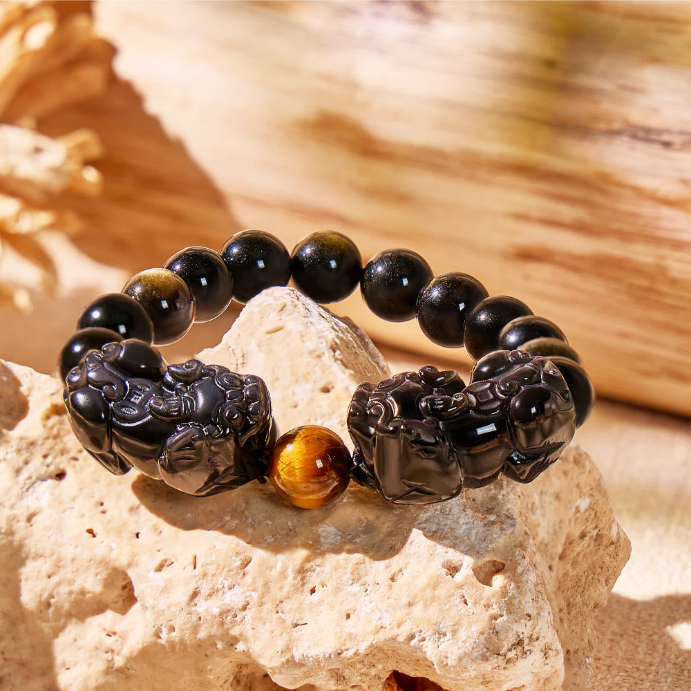 FuAttract Wealth Warden – Natural Golden Sheen Obsidian & Tiger Eye Double Pixiu Bracelet - 10mm - image 0