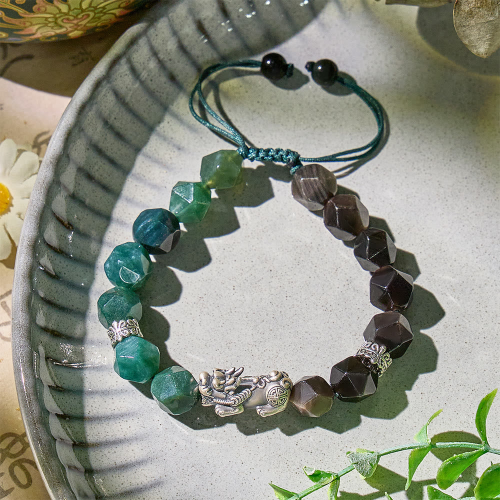 FuAttract Fortune Keeper - Faceted Silver Obsidian & Moss Agate Handwoven Cord Bracelet - image 2