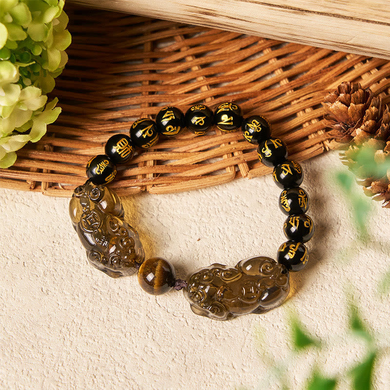 FuAttract Blessed Clarity – Ice Obsidian Pixiu with Tiger Eye & Om Mani Padme Hum Beads Bracelet - 10mm - image 0