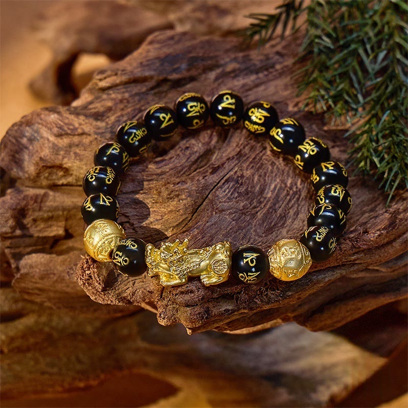 FuAttract Abundance & Protection – Black Onyx Om Mani Padme Hum Beads Pixiu Bracelet - image 1