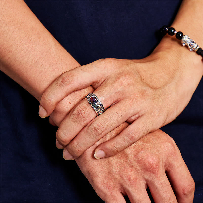 FuAttract Focused Power - Sacred Script Adjustable Silver Garnet Pixiu Ring - image 4