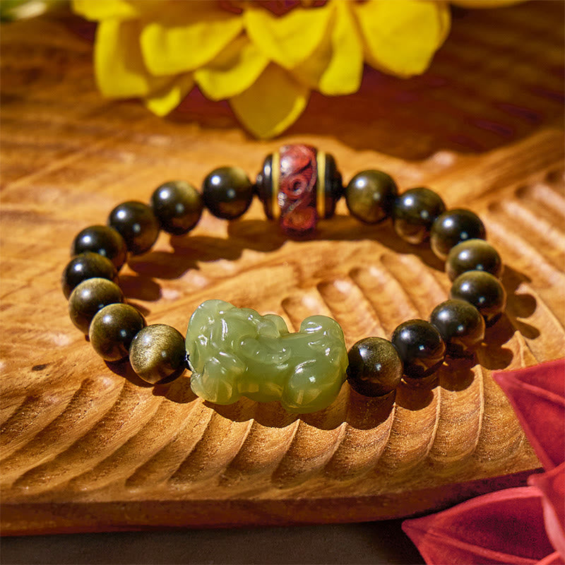 FuAttract Tranquil Wisdom - Handcrafted Jade Pixiu Golden Obsidian Bracelet - Cyan Jade - image 12