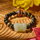 FuAttract Tranquil Wisdom - Handcrafted Jade Pixiu Golden Obsidian Bracelet - Hetian Jade - image 0