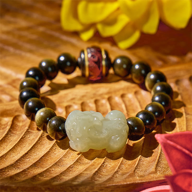 FuAttract Tranquil Wisdom - Handcrafted Jade Pixiu Golden Obsidian Bracelet - Hetian Jade - image 0