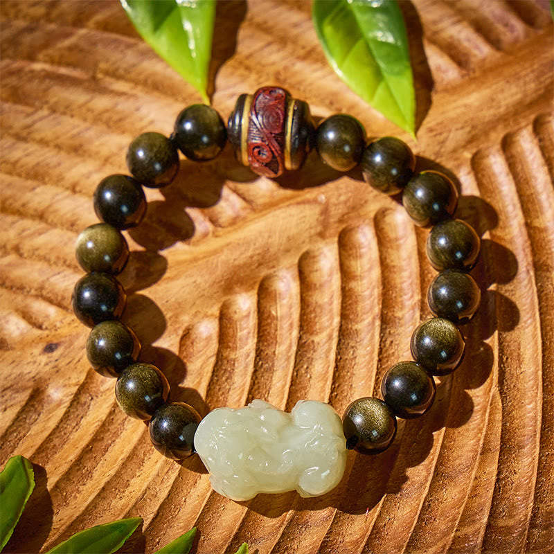 FuAttract Tranquil Wisdom - Handcrafted Jade Pixiu Golden Obsidian Bracelet - image 1