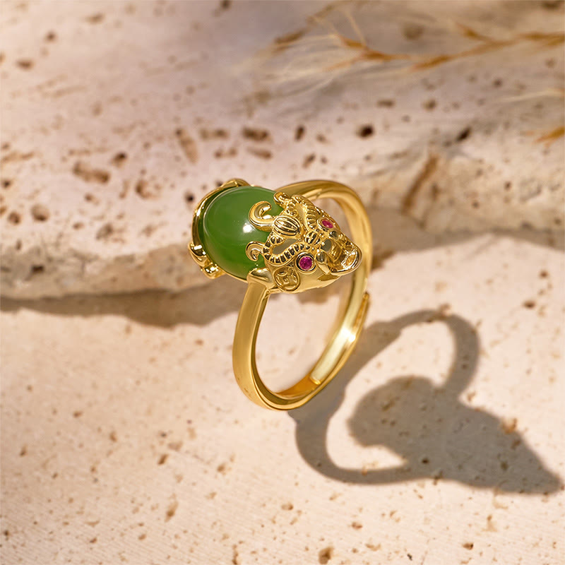 FuAttract Harmony's Embrace - Adjustable Gold-Plated Hetian Jade Pixiu Ring - Hetian Jade - image 0