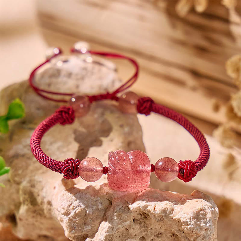 FuAttract Pink Craftsman - Adjustable Handwoven Strawberry Quartz Pixiu String Bracelet - image 2