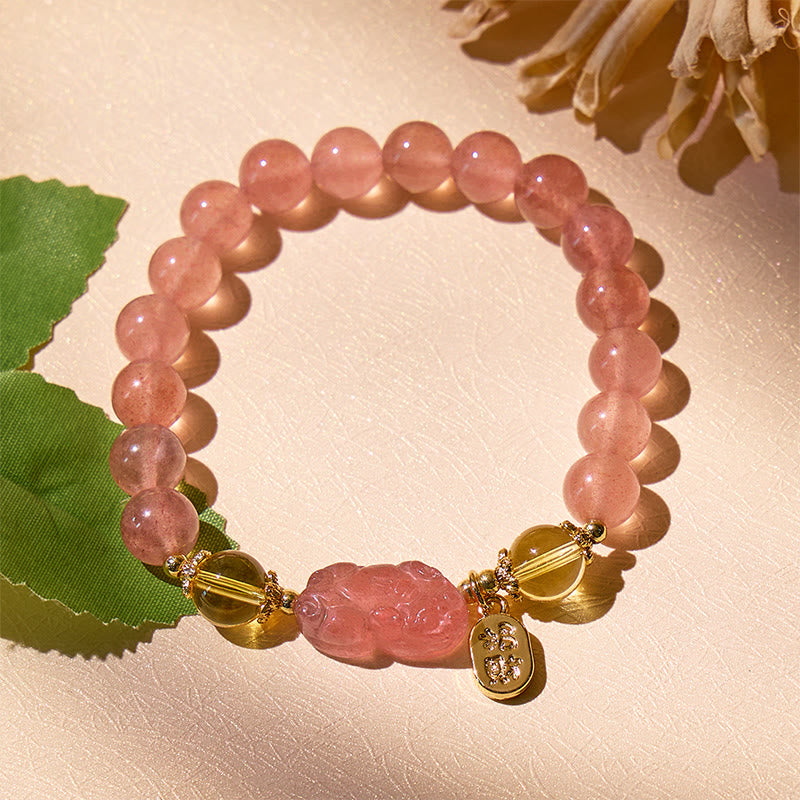 FuAttract Love & Abundance Energy - Strawberry Quartz Citrine FU Character Pixiu Bracelet - image 2