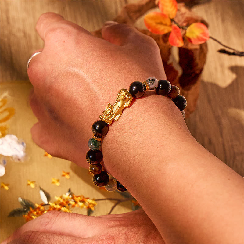 FuAttract Earth Guardian - Obsidian Tiger's Eye Moss Agate Pixiu Energy Bracelet - image 4