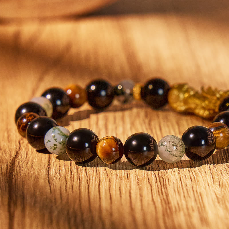 FuAttract Earth Guardian - Obsidian Tiger's Eye Moss Agate Pixiu Energy Bracelet - image 3