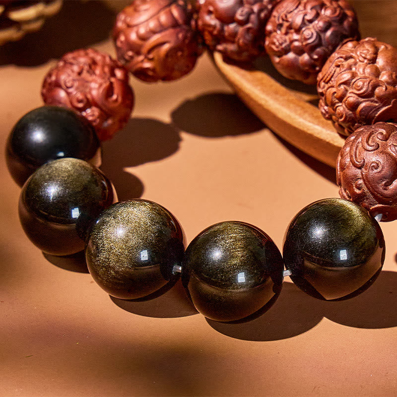 FuAttract Calm Radiance – 20mm Pixiu Carved Lightning-Struck Jujube Wood Golden Obsidian Bracelet - image 2
