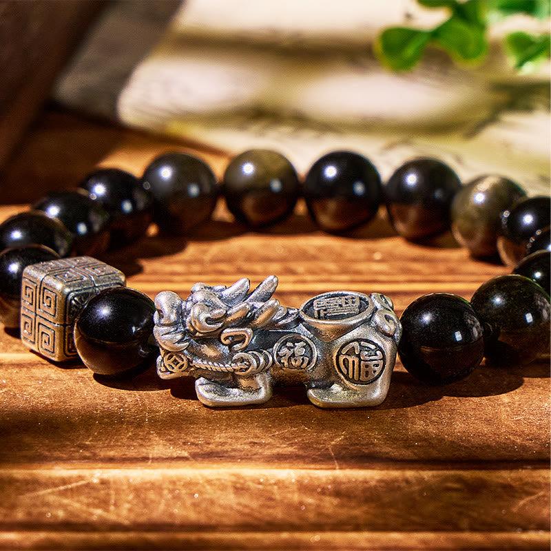 FuAttract Wealth & Prosperity Feng Shui Bracelet Pure Silver Pixiu with Golden Obsidian - image 4