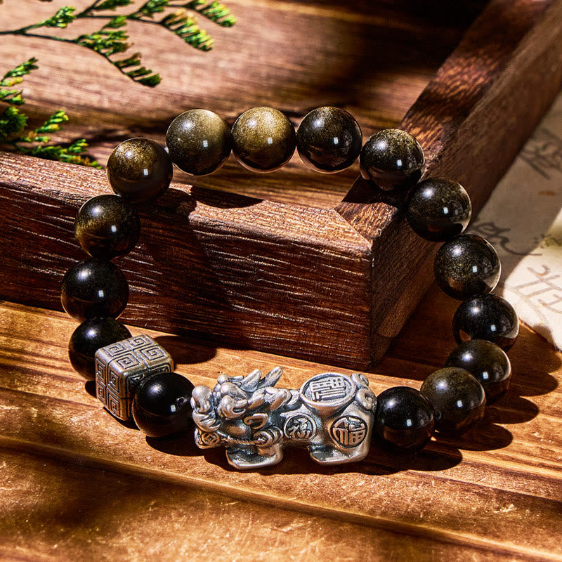 FuAttract Wealth & Prosperity Feng Shui Bracelet Pure Silver Pixiu with Golden Obsidian - image 2