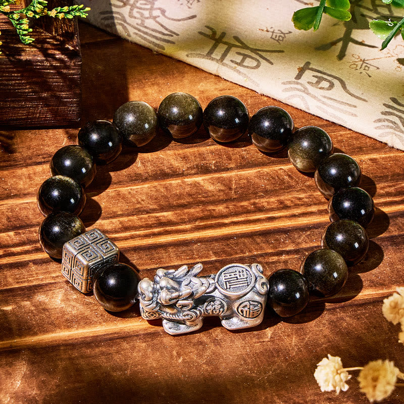FuAttract Wealth & Prosperity Feng Shui Bracelet Pure Silver Pixiu with Golden Obsidian - 10mm - image 0