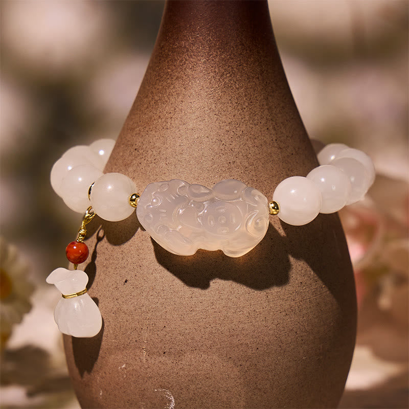 FuAttract Serenity Prosperity – White Jade Bracelet with Pixiu & Money Bag Charms - image 2