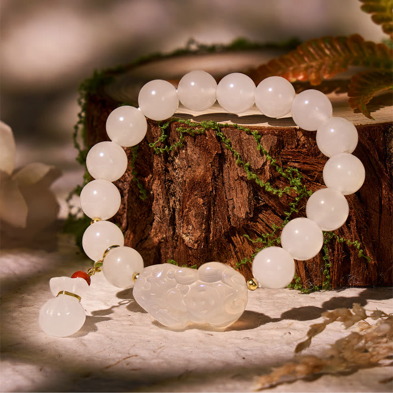 FuAttract Serenity Prosperity – White Jade Bracelet with Pixiu & Money Bag Charms - 10mm - image 0