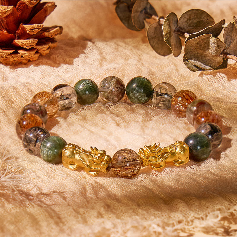 FuAttract Manifestation & Fortune Bracelet – Pixiu + Seraphinite, Phantom Quartz, Super Seven & Herkimer Diamond - 10mm - image 0